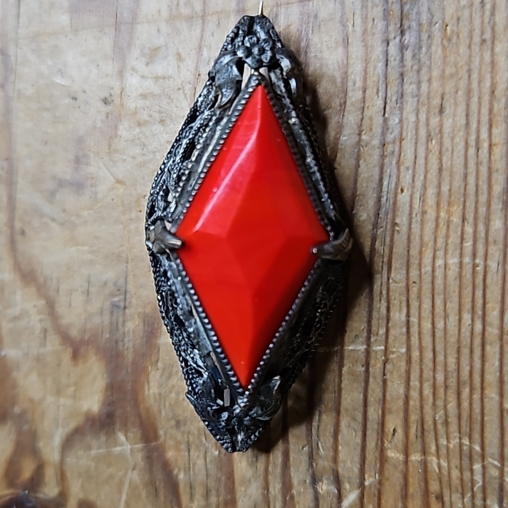 Vintage Red Glass and Brass Brooch